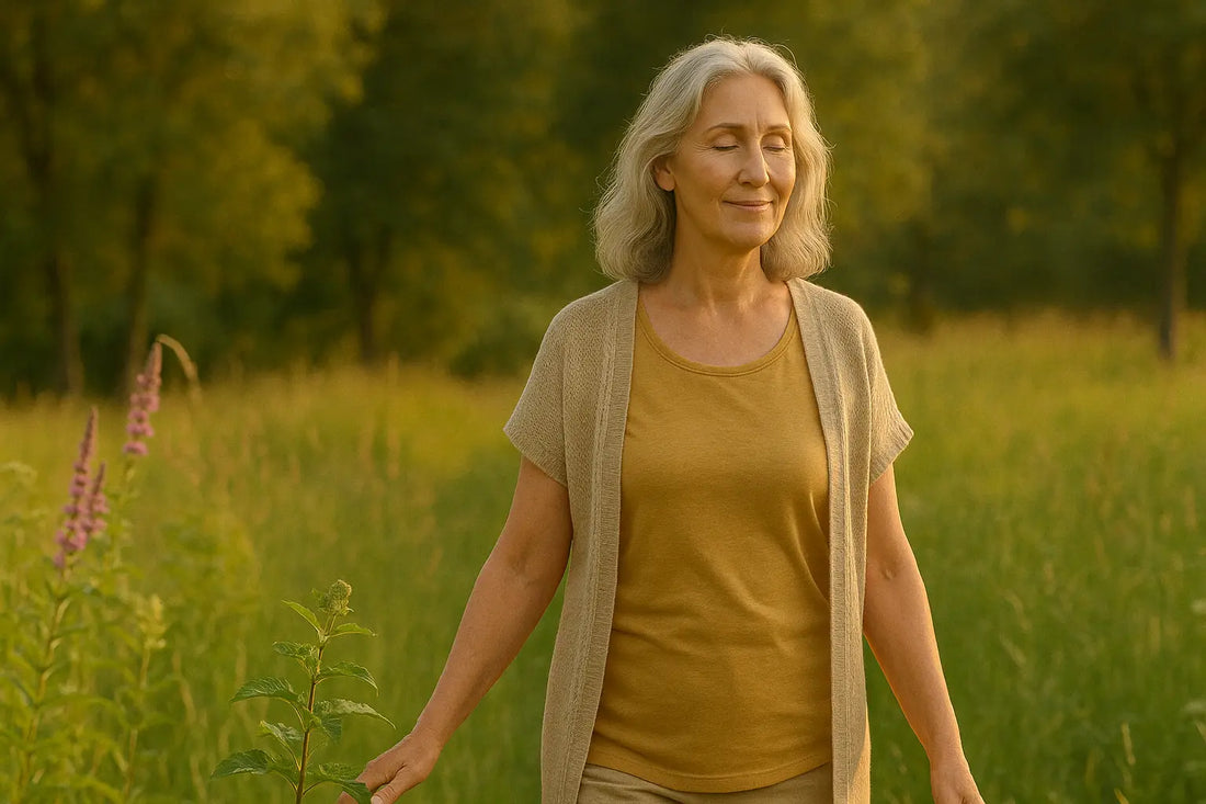 Lächelnde ältere Frau auf einer Wiese