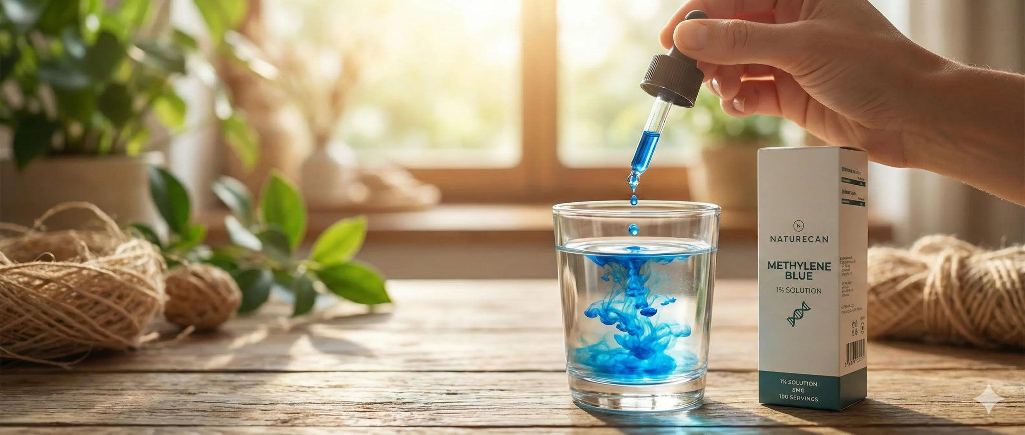 Person tropft Methylenblau in ein Wasserglas