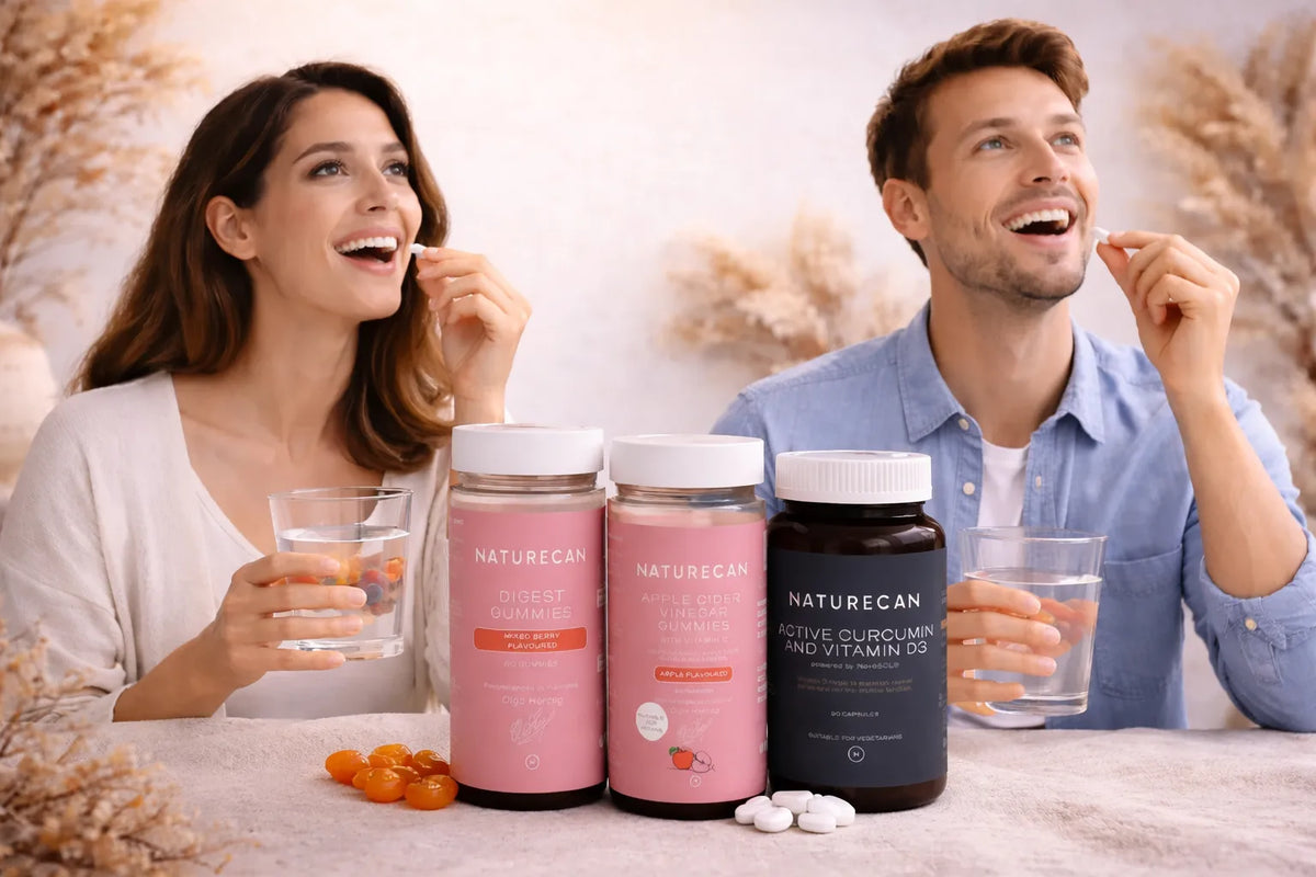 Mann und Frau nehmen gemeinsam Probiotika von Naturecan ein 